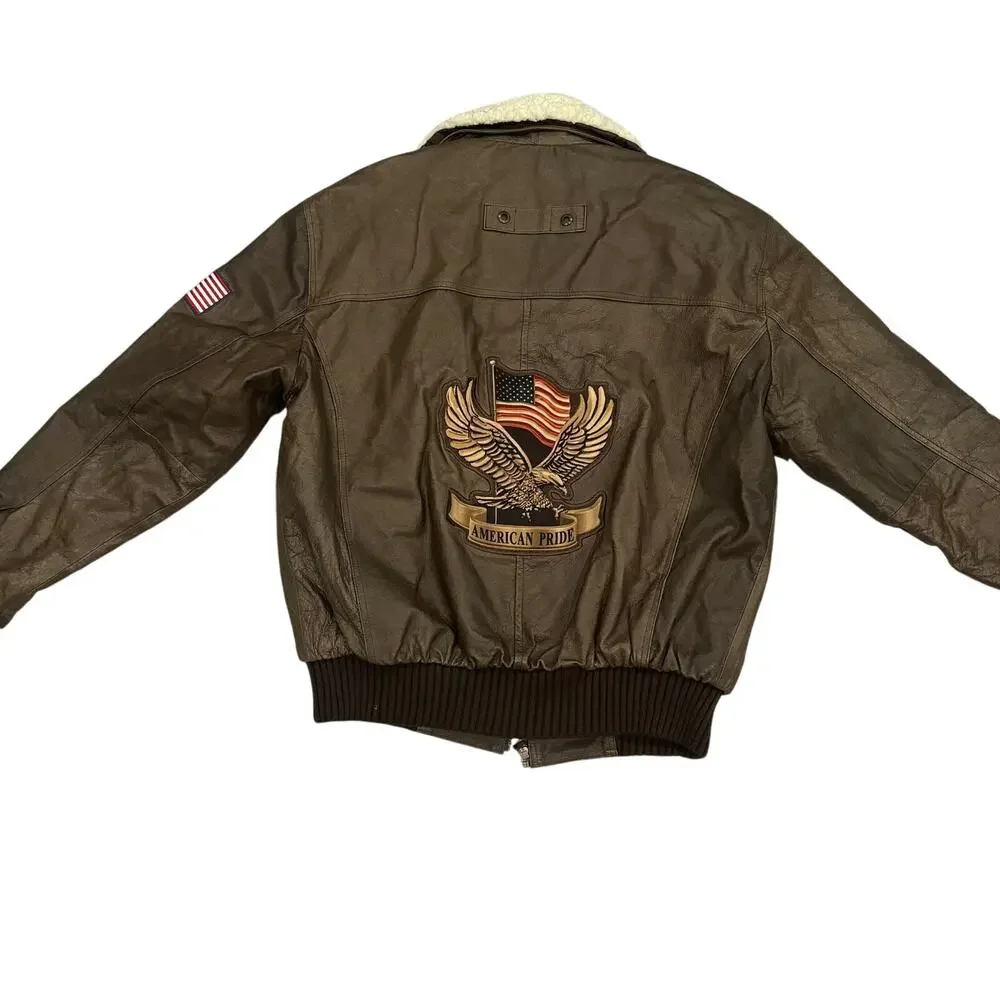 Bradford Exchange Leather Bomber Eagle Flag Embroidery Removable Collar M